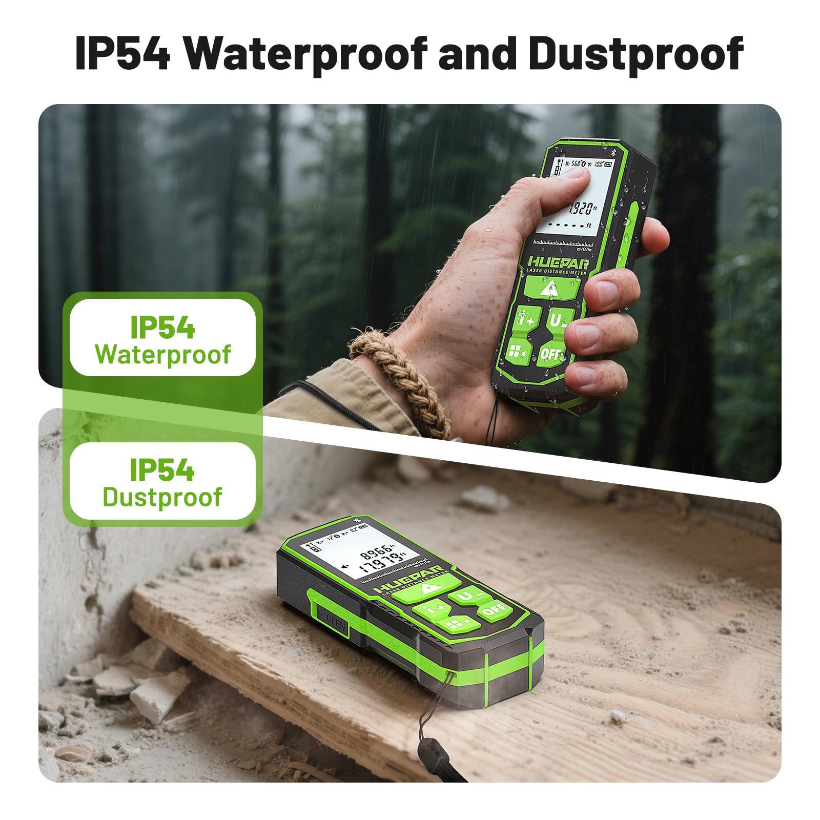 Huepar S120G-BT Bluetooth Laser-Entfernungsmesser (120 m / 395 ft, ±1,5 mm Genauigkeit, App-Steuerung, Fläche & Volumen)