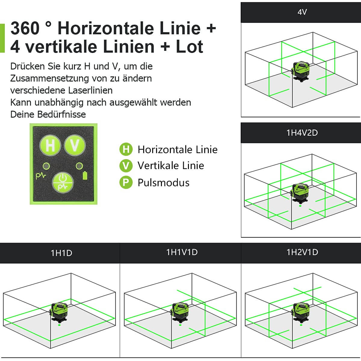HUEPAR LS41G – Selbstnivellierender Mehrlinienlaser mit grüner Kreuzlinie – vier vertikale und eine horizontale 360°-Linie mit Lotpunkt