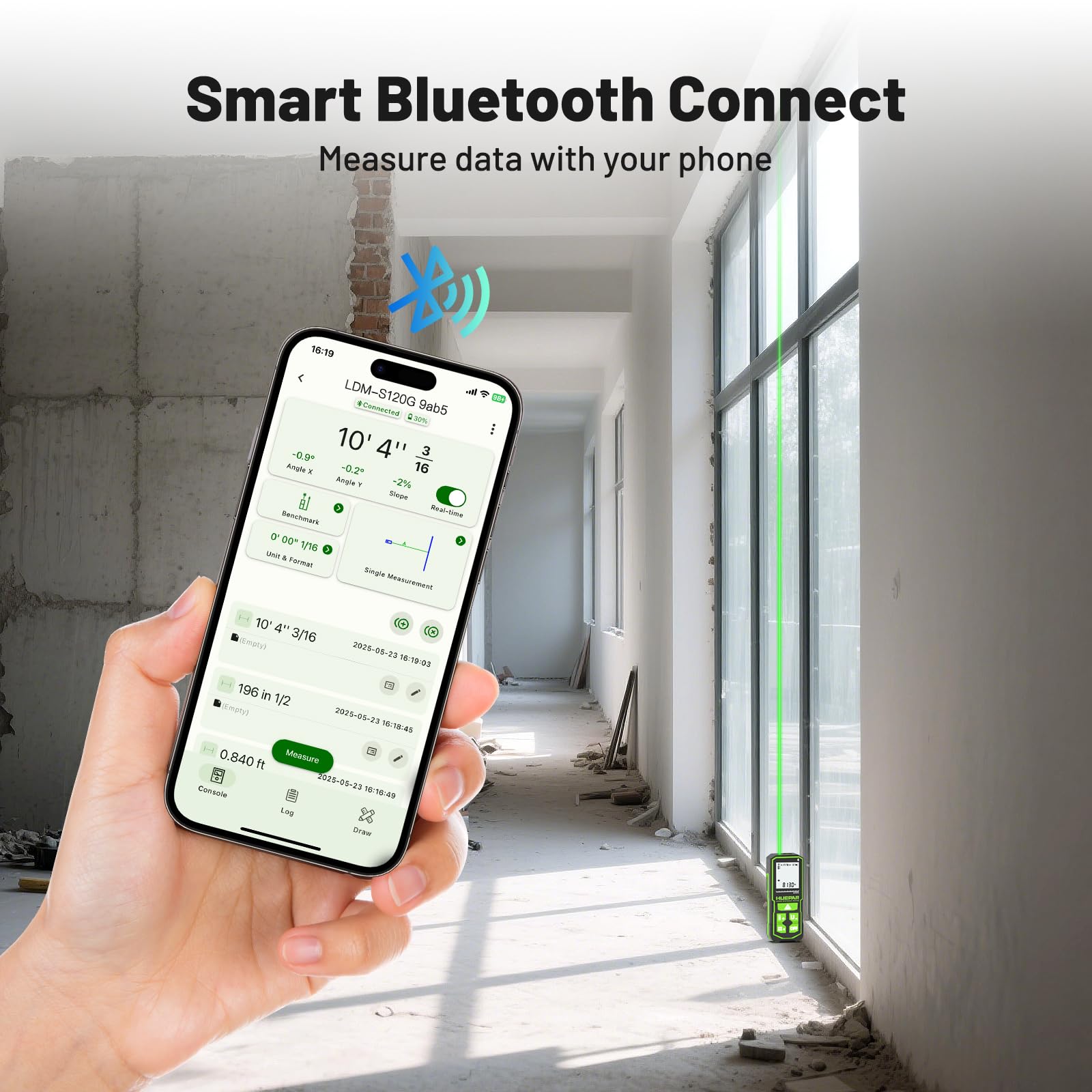Huepar S120G-BT Bluetooth Laser-Entfernungsmesser (120 m / 395 ft, ±1,5 mm Genauigkeit, App-Steuerung, Fläche & Volumen)