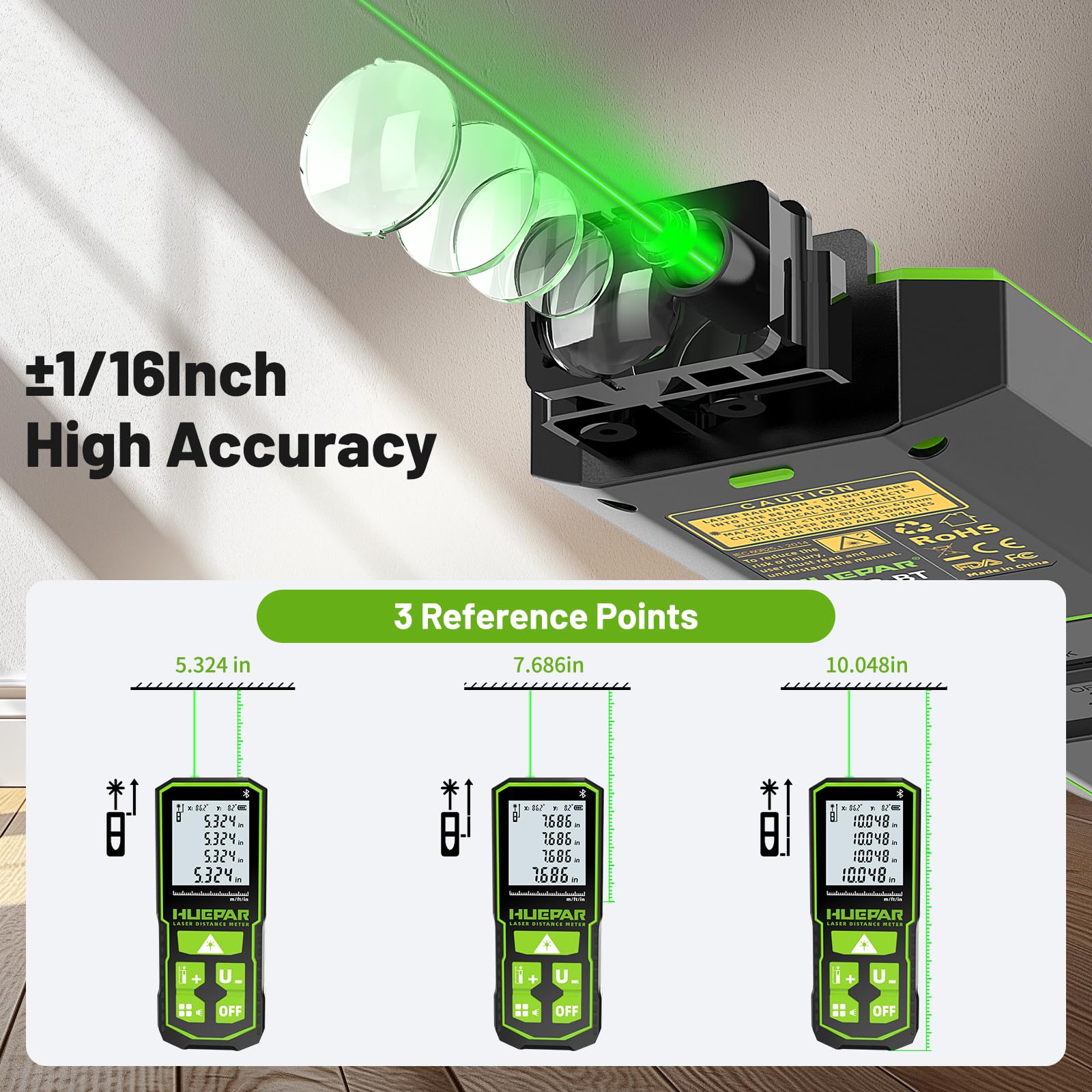 Huepar S120G-BT Bluetooth Laser-Entfernungsmesser (120 m / 395 ft, ±1,5 mm Genauigkeit, App-Steuerung, Fläche & Volumen)