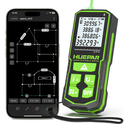 Huepar S120G-BT Bluetooth Laser-Entfernungsmesser (120 m / 395 ft, ±1,5 mm Genauigkeit, App-Steuerung, Fläche & Volumen)
