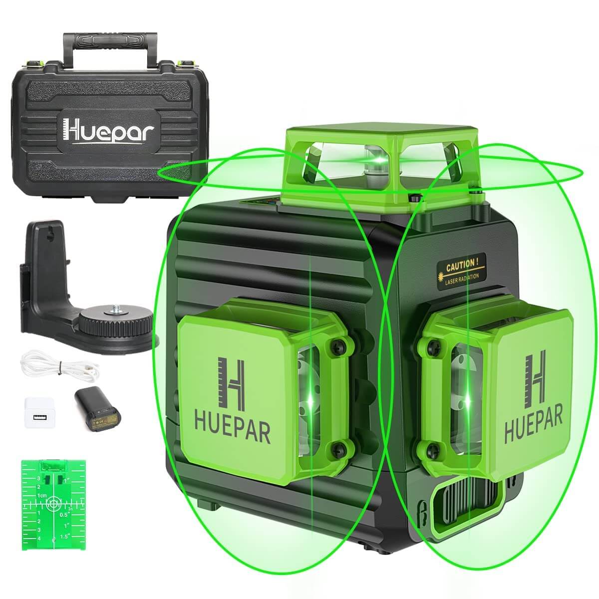 Huepar B03CG Pro – 3 x 360° grüner Strahl-Kreuzlinien-Selbstnivellierungslaser mit Hartschalenkoffer