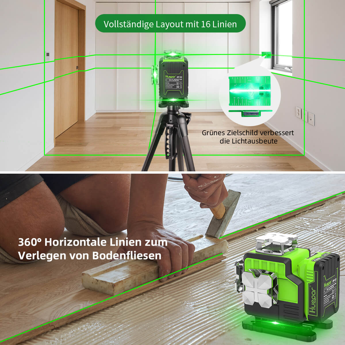 Huepar P04CG – 4 x 360° Laser-Nivelliergerät, selbstnivellierendes 4D-Laserwerkzeug mit grünem Strahl und Bluetooth-Konnektivität